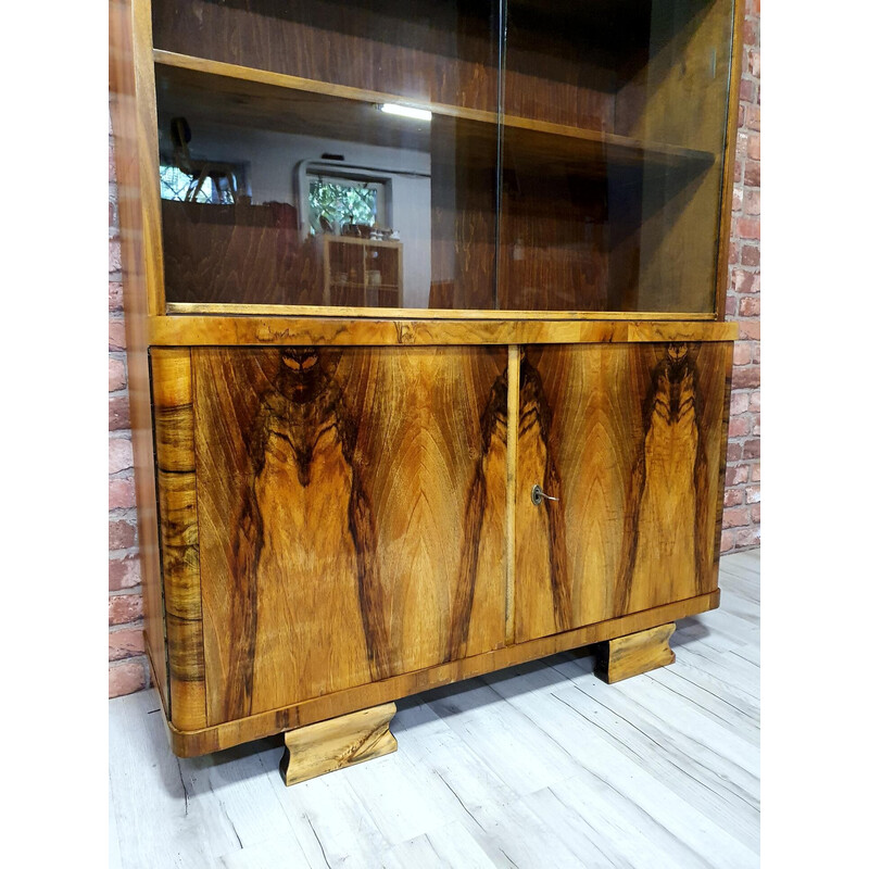 Art deco vintage wood and glass bookcase, 1950s