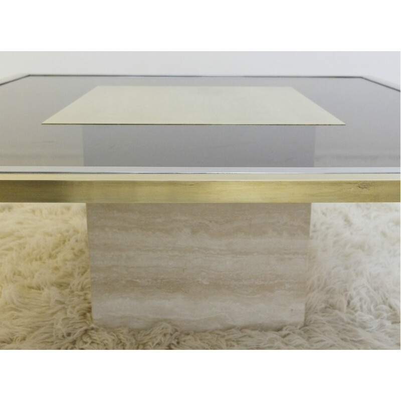 Coffee table in travertin and smoked glass, Roger VANHEVEL - 1970s