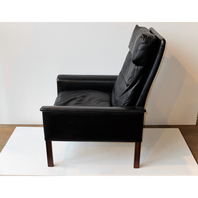 CS furniture black leather and rosewood armchair, Hans OLSEN - 1960s