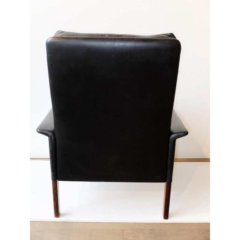 CS furniture black leather and rosewood armchair, Hans OLSEN - 1960s