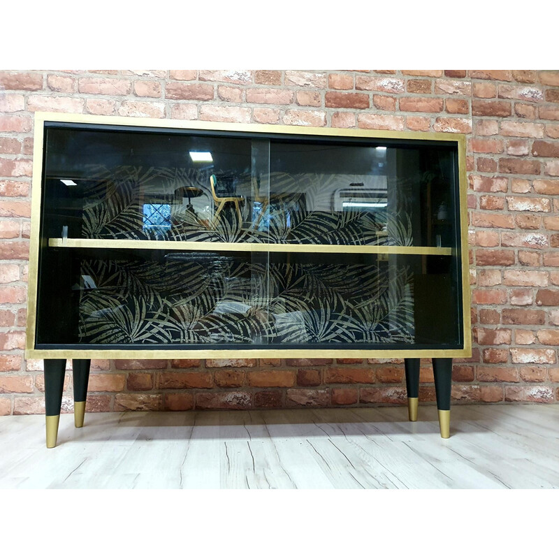 Vintage black and gold display cabinet, Poland 1970s