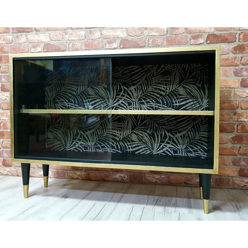 Vintage black and gold display cabinet, Poland 1970s