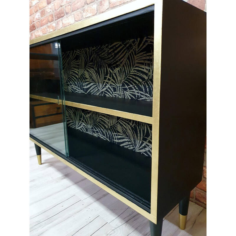 Vintage black and gold display cabinet, Poland 1970s