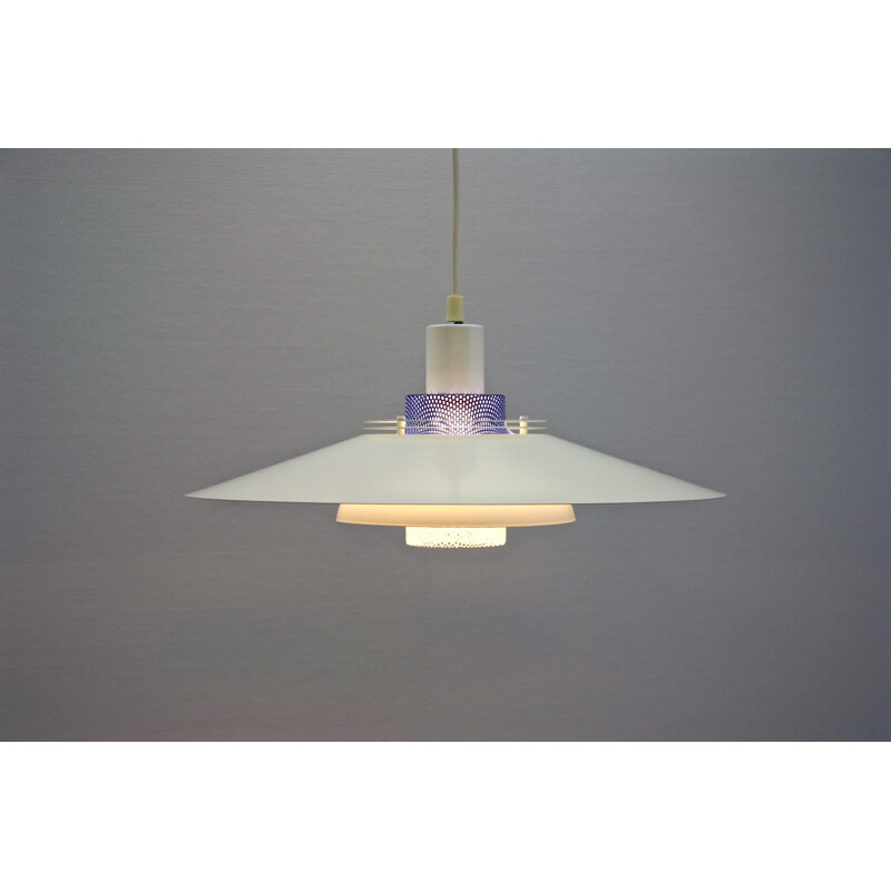 Danish white and blue metal pendant light - 1960s