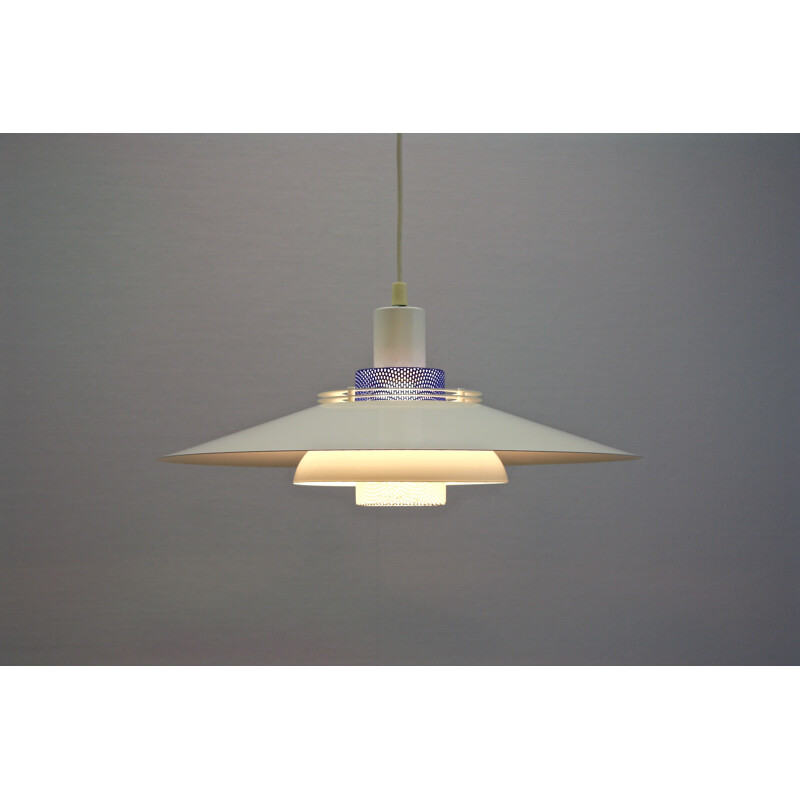 Danish white and blue metal pendant light - 1960s