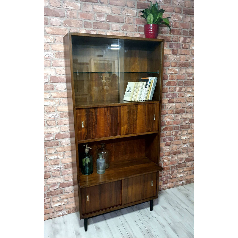 Vintage walnut bookcase with sliding doors, 1960s