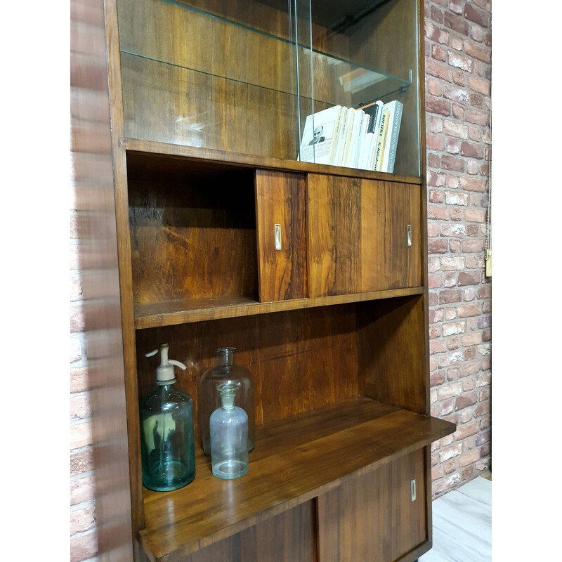 Vintage walnut bookcase with sliding doors, 1960s