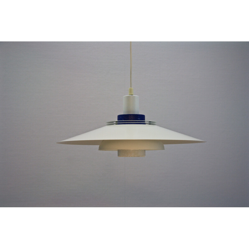 Danish white and blue metal pendant light - 1960s