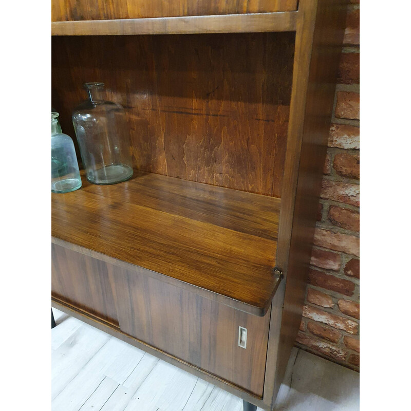 Vintage walnut bookcase with sliding doors, 1960s