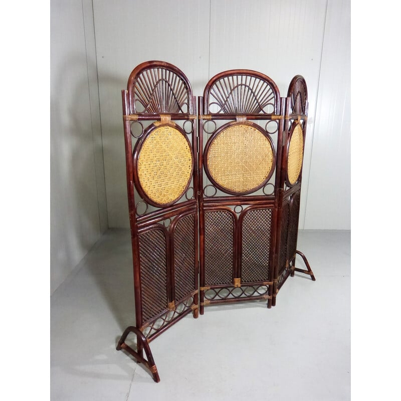 Vintage rattan and wicker folding screen, 1970s