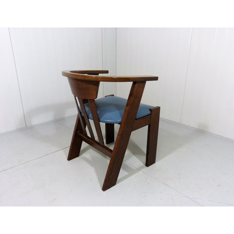 Vintage Brutalist oakwood and leather desk armchair, 1970s