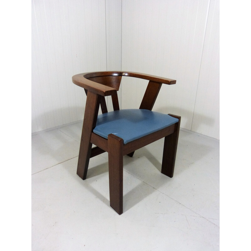 Vintage Brutalist oakwood and leather desk armchair, 1970s