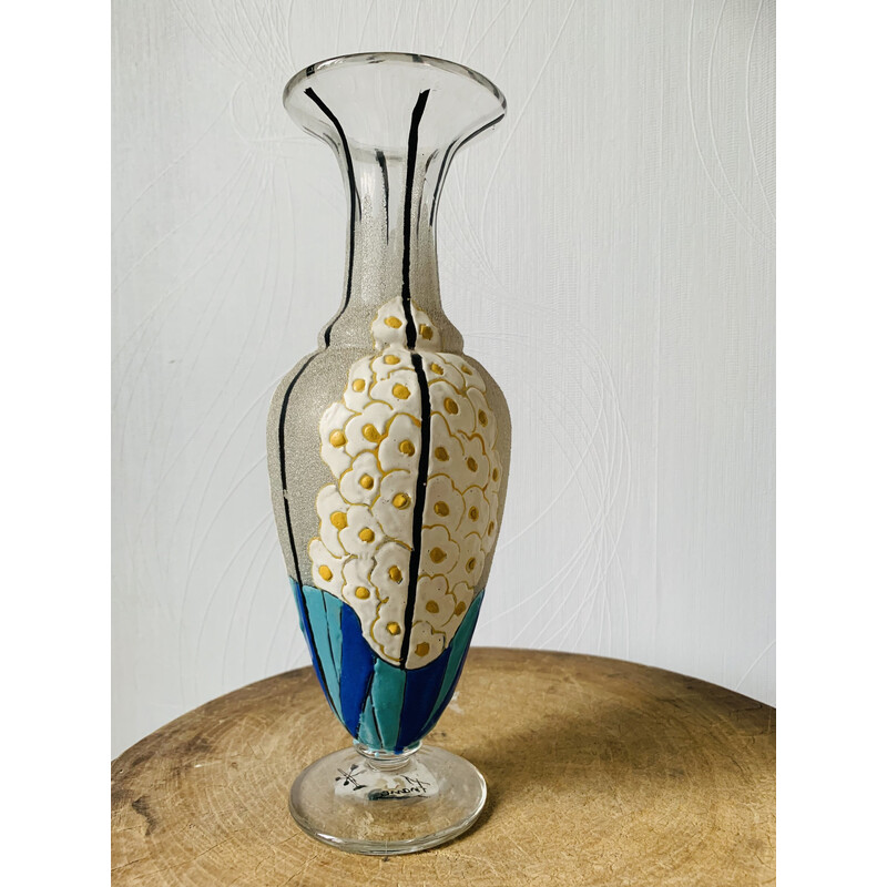 Vase vintage en verre et émail à décor de fleurs par Mazoyer, 1925