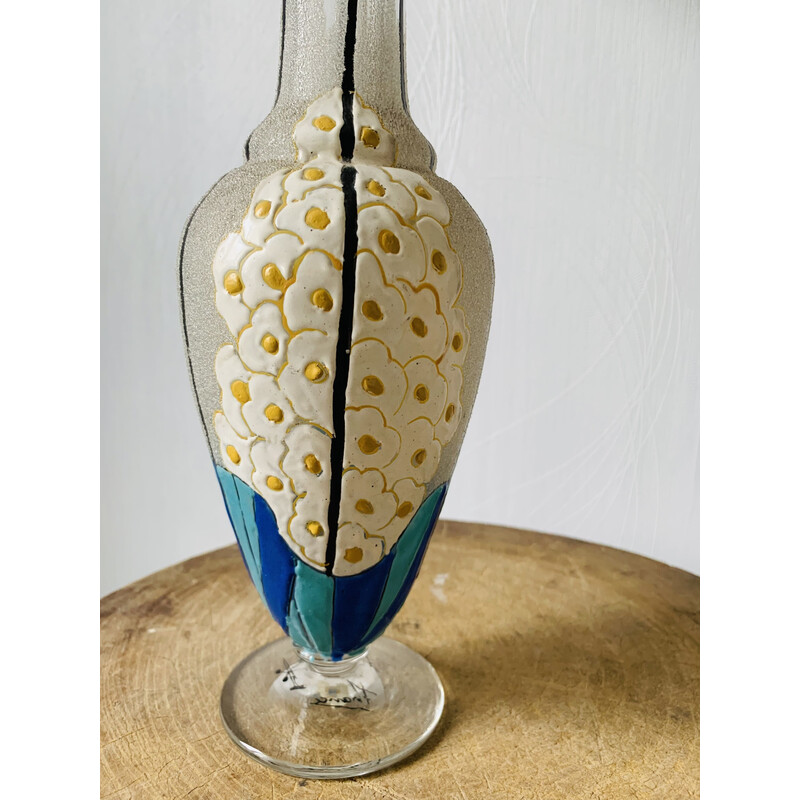 Vintage glass and enamel vase with flowers by Mazoyer, 1925
