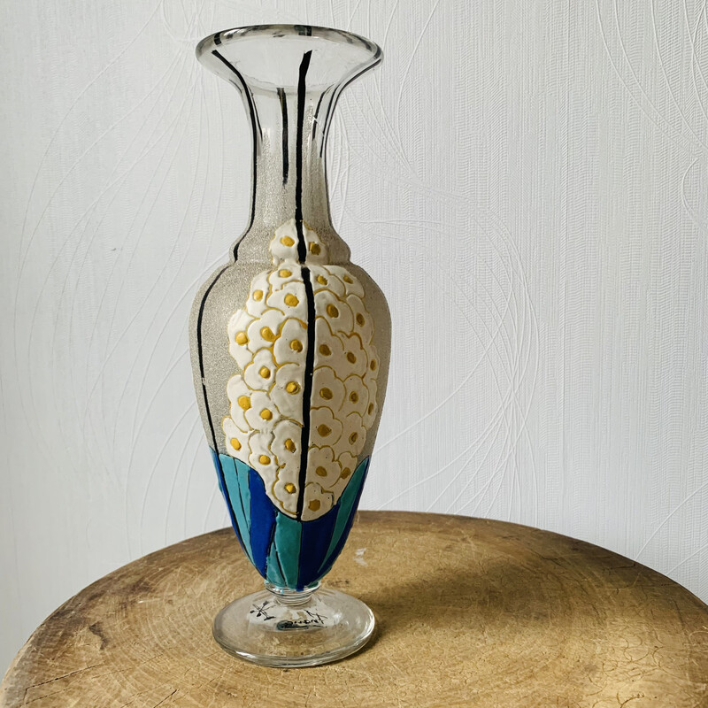 Vaso vintage in vetro e smalto con disegno floreale di Mazoyer, 1925