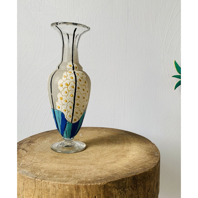 Vase vintage en verre et émail à décor de fleurs par Mazoyer, 1925