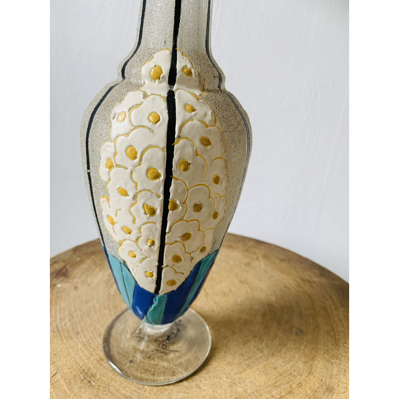 Vintage glass and enamel vase with flowers by Mazoyer, 1925