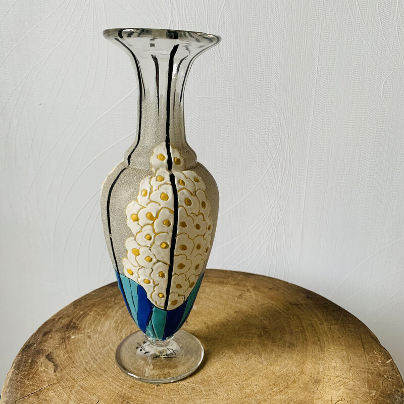 Jarrón vintage de cristal y esmalte con diseño floral de Mazoyer, 1925