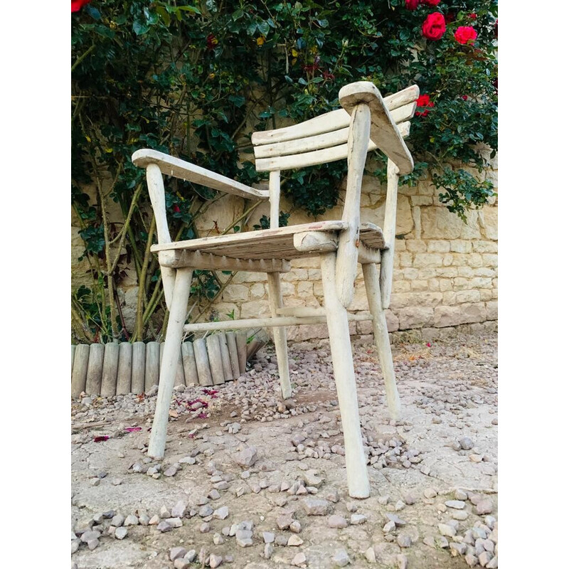 Ensemble 4 fauteuils de jardin vintage en bois et 1 chaise, 1960