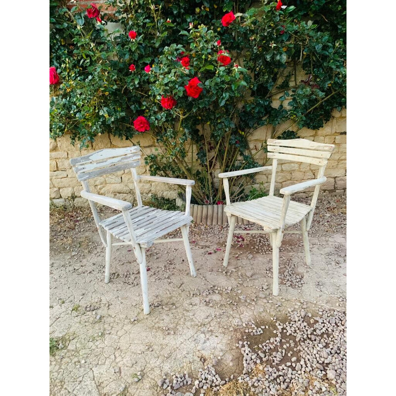 Ensemble 4 fauteuils de jardin vintage en bois et 1 chaise, 1960