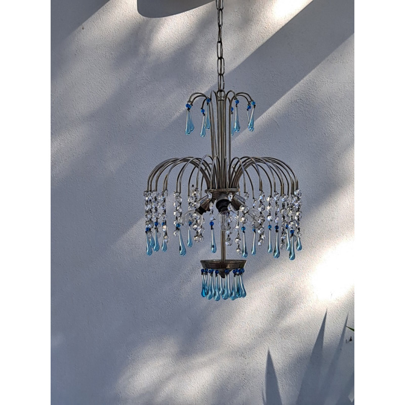 Vintage blue Murano glass waterfall chandelier, Italy 1960s