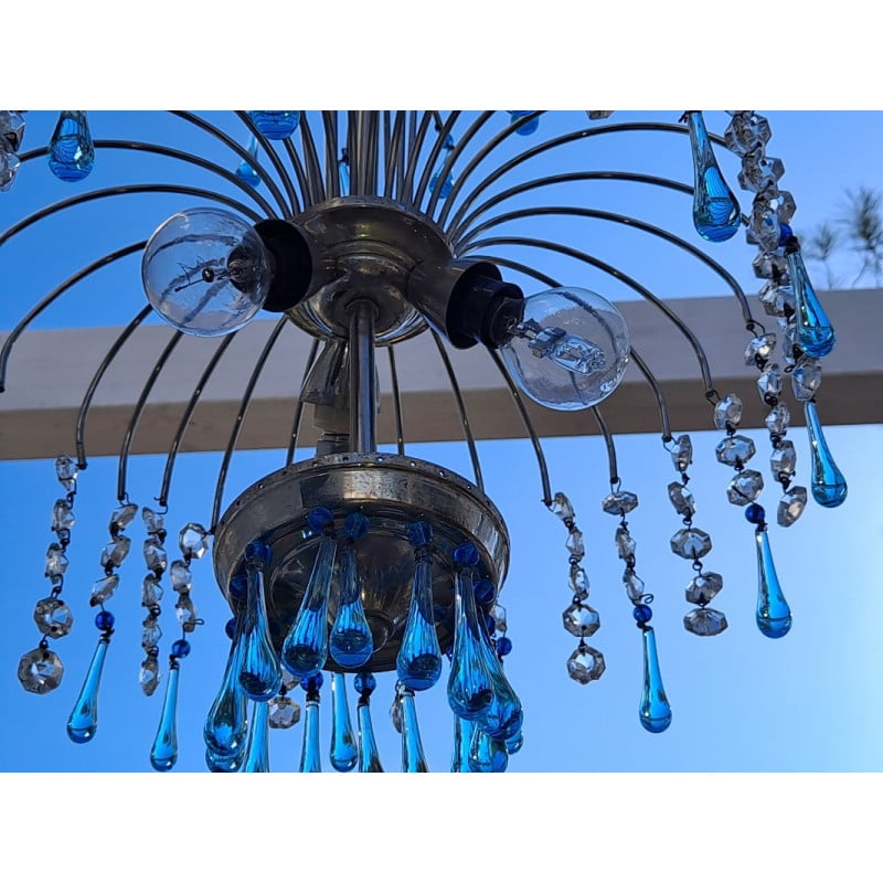 Araña de cascada de cristal de Murano azul vintage, Italia años 60