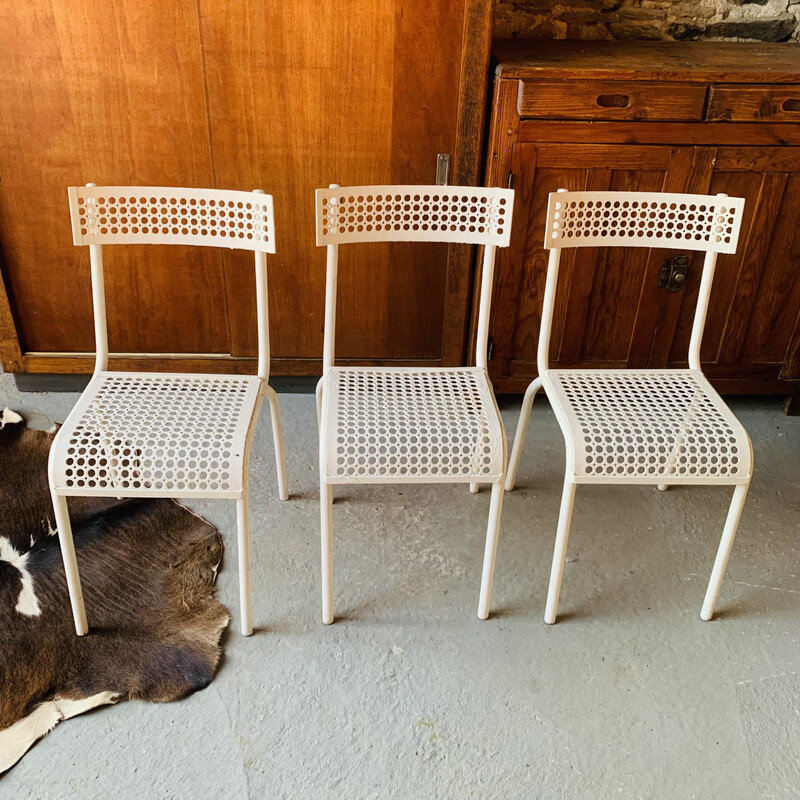 Conjunto de 3 cadeiras vintage em metal perfurado