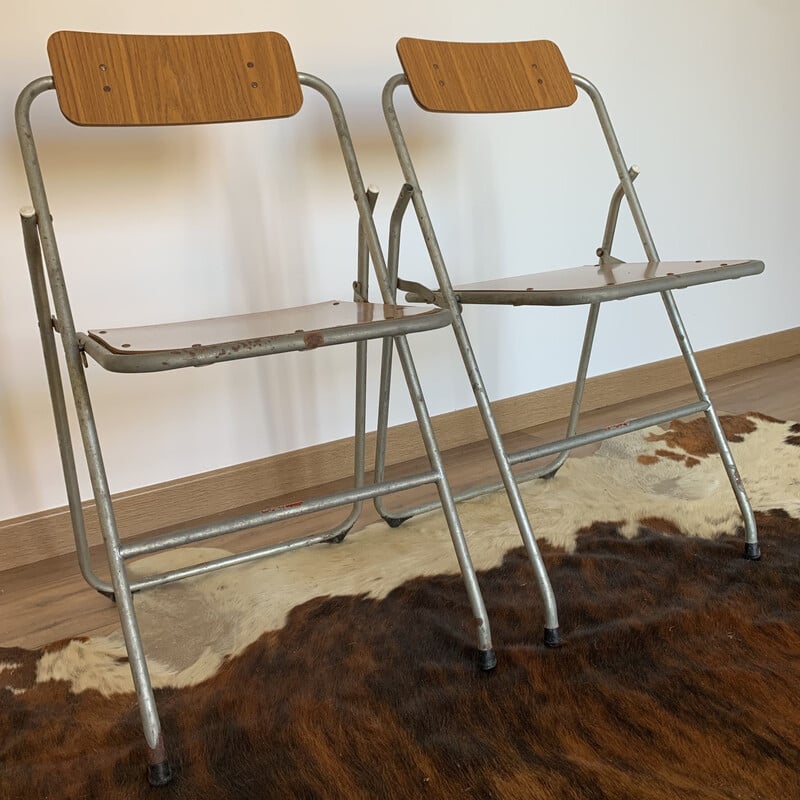 Pair of vintage German metal and wood folding chairs, 1960-1970