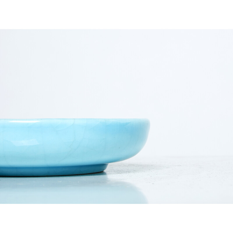 Ciotola rotonda in ceramica smaltata blu turchese vintage, 1950