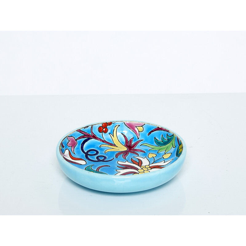 Vintage turquoise blue glazed ceramic round bowl, 1950