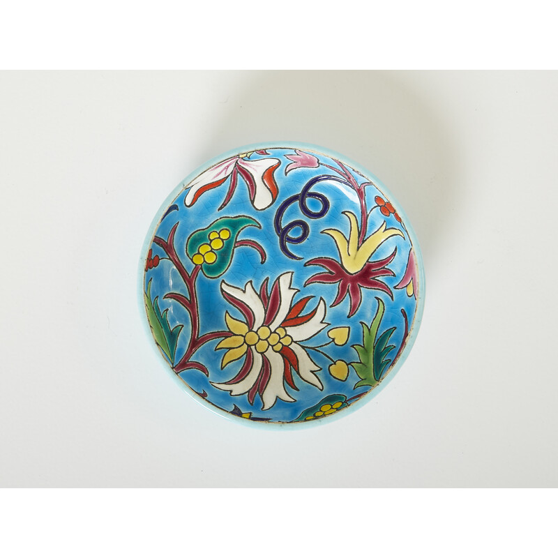 Runde Vintage-Schale aus türkisblau glasierter Keramik, 1950