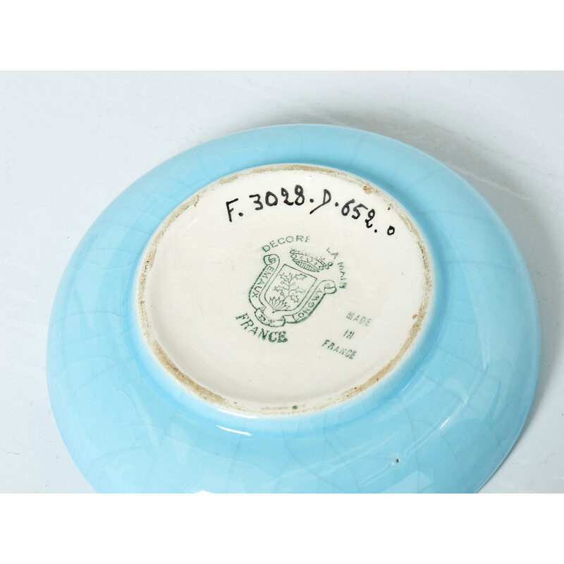 Runde Vintage-Schale aus türkisblau glasierter Keramik, 1950