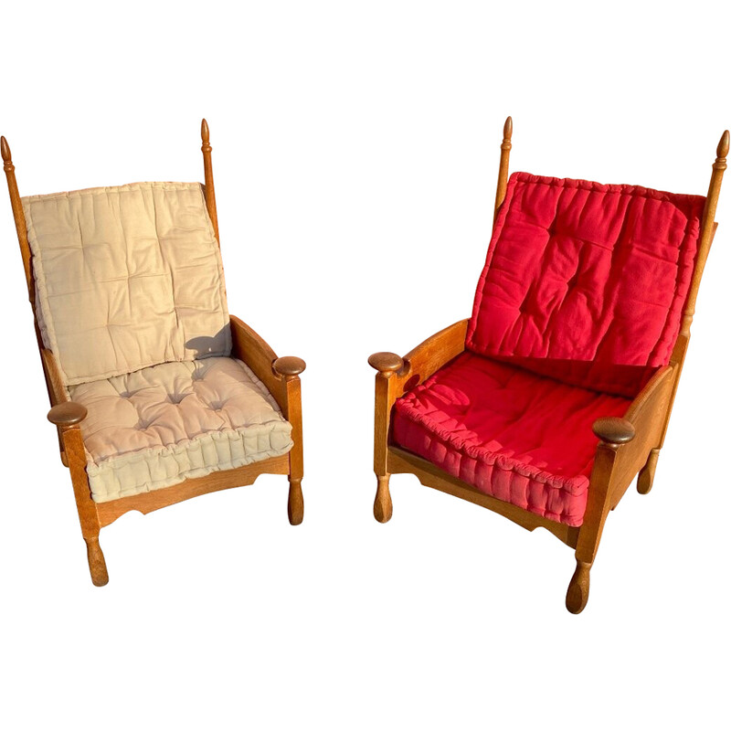 Pair of Scandinavian vintage oakwood armchairs with cushions