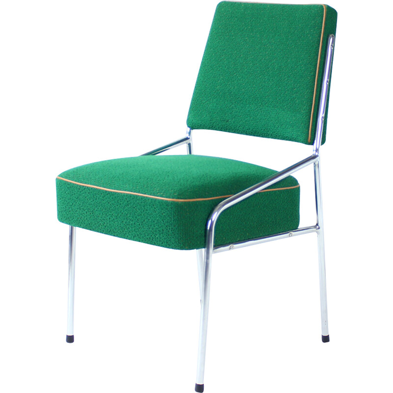 Set Of 4 Brussels Dining Chairs In Chrome & Green Fabric, Czechoslovakia 1960