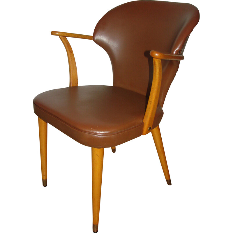 Vintage beech wood and eco leather armchair, 1960s