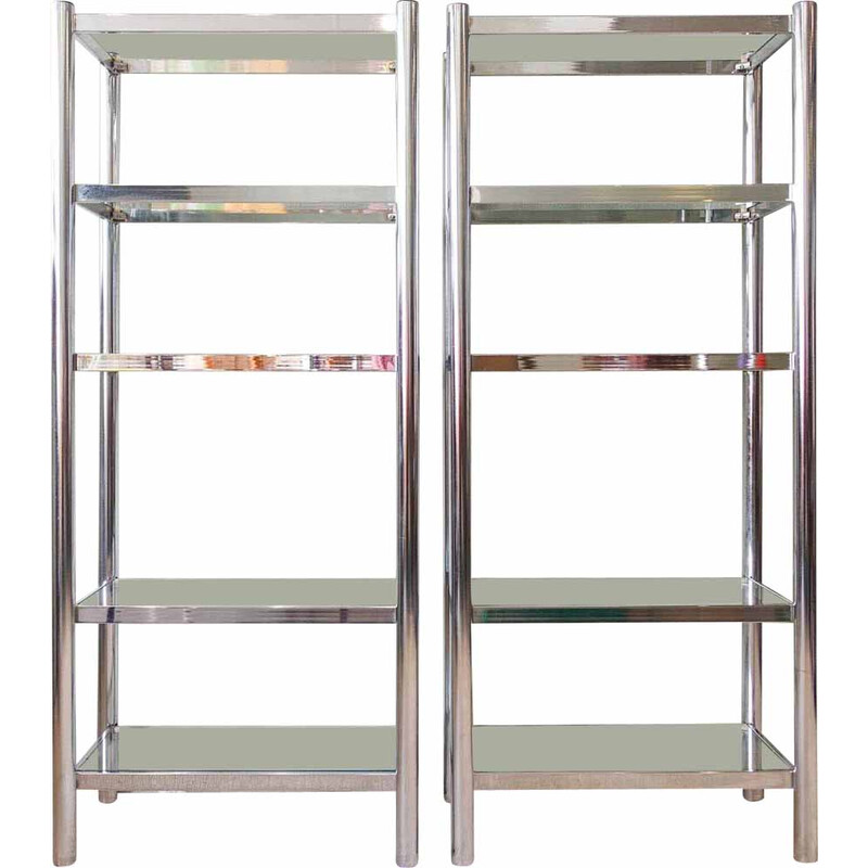 Pair of vintage polished chrome and glass shelving unit, Portugal 1970s