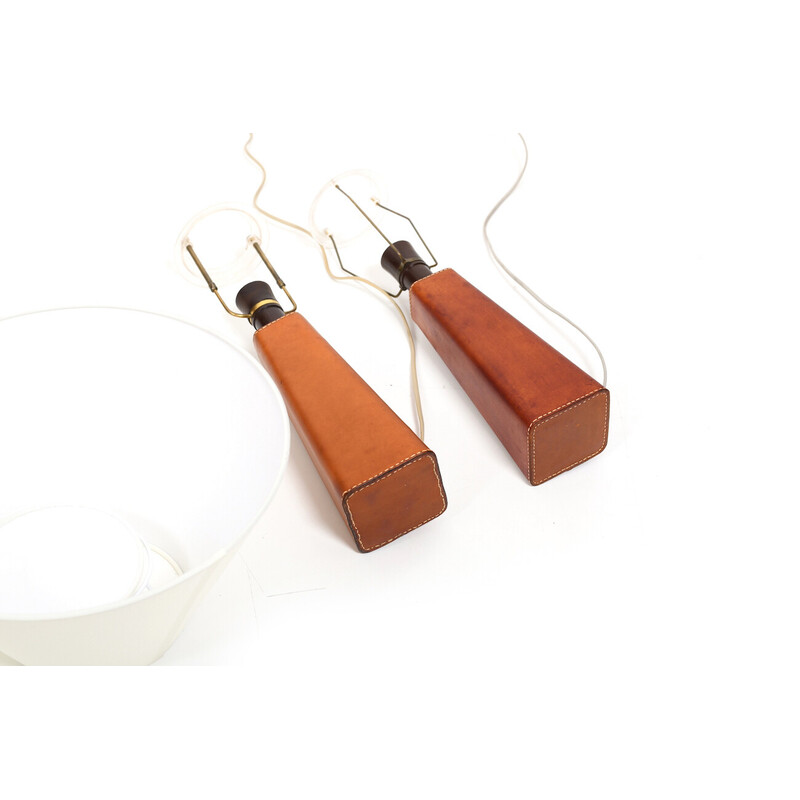 Pair of vintage cognac leather table lamps by Lisa Johansson-Pape for Illums Bolighus, Denmark 1960s