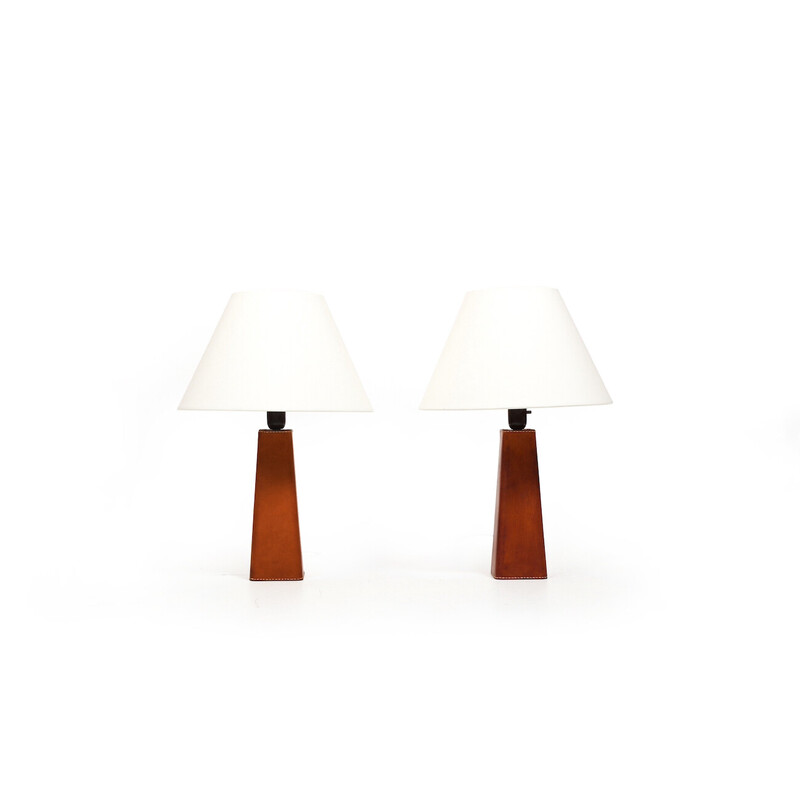 Pair of vintage cognac leather table lamps by Lisa Johansson-Pape for Illums Bolighus, Denmark 1960s