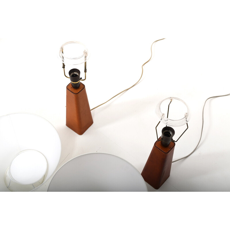 Pair of vintage cognac leather table lamps by Lisa Johansson-Pape for Illums Bolighus, Denmark 1960s