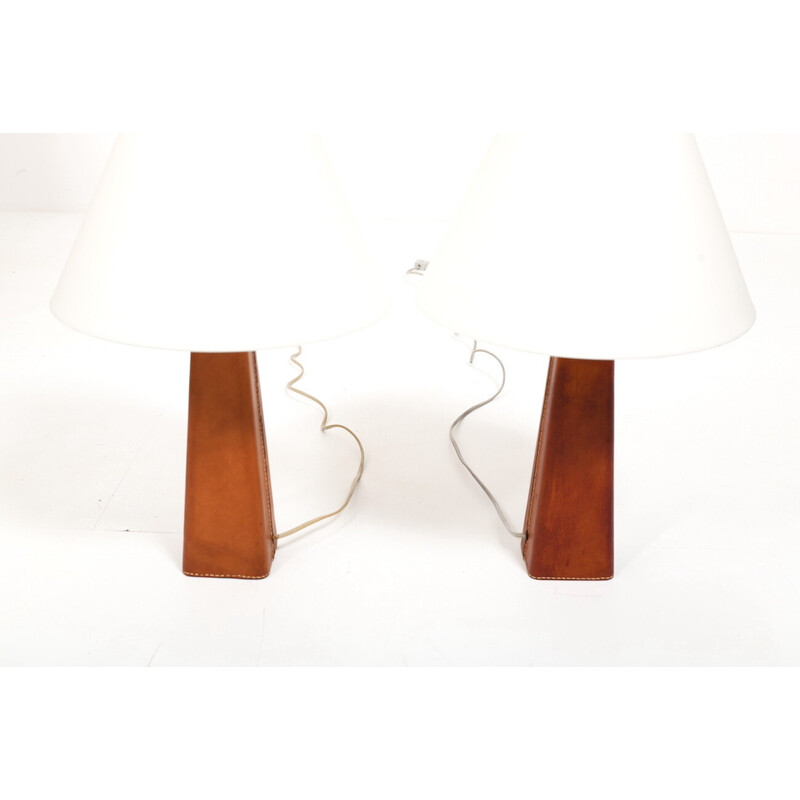 Pair of vintage cognac leather table lamps by Lisa Johansson-Pape for Illums Bolighus, Denmark 1960s