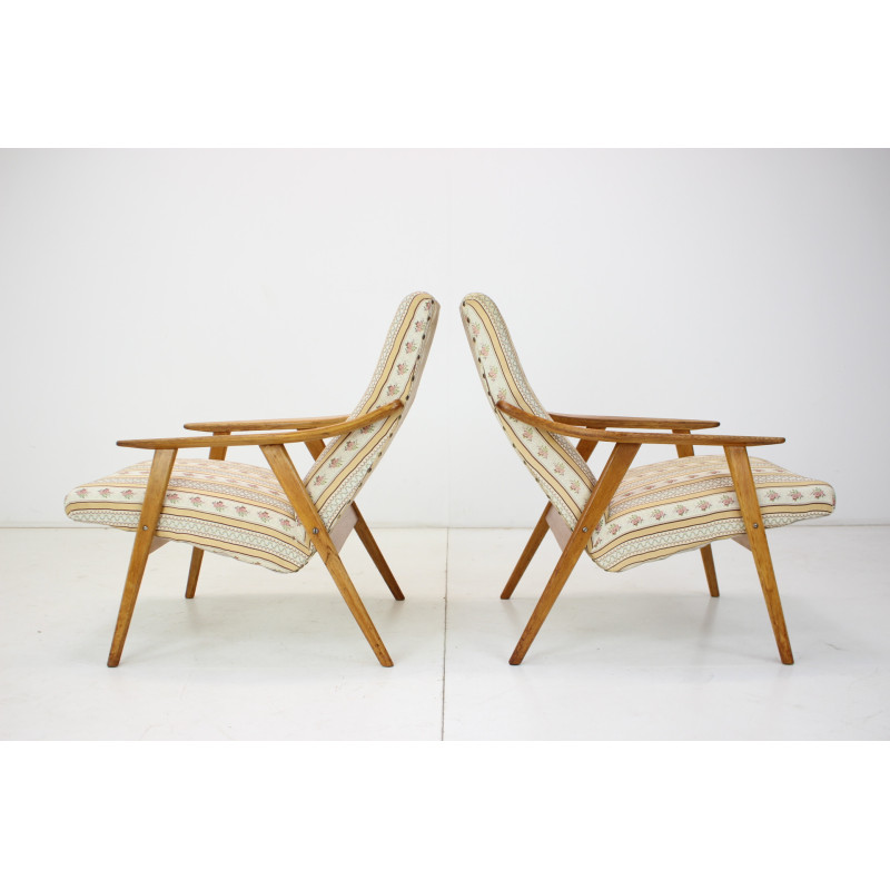 Vintage houten en stoffen fauteuil, Tsjechoslowakije 1960