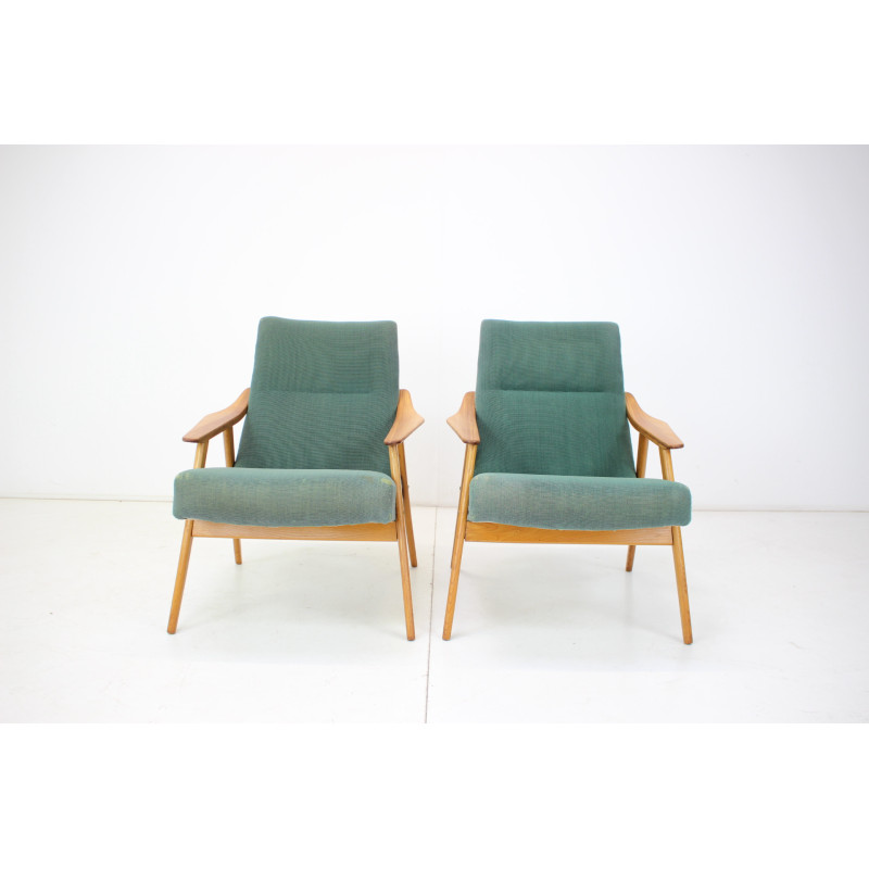 Pair of mid-century wood and fabric armchairs, Czechoslovakia 1960s