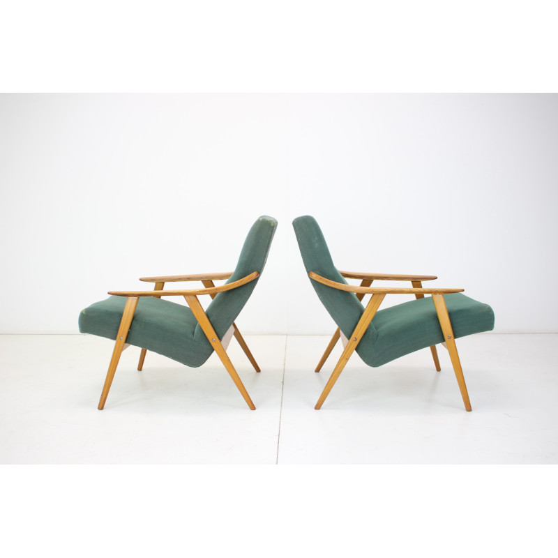 Pair of mid-century wood and fabric armchairs, Czechoslovakia 1960s