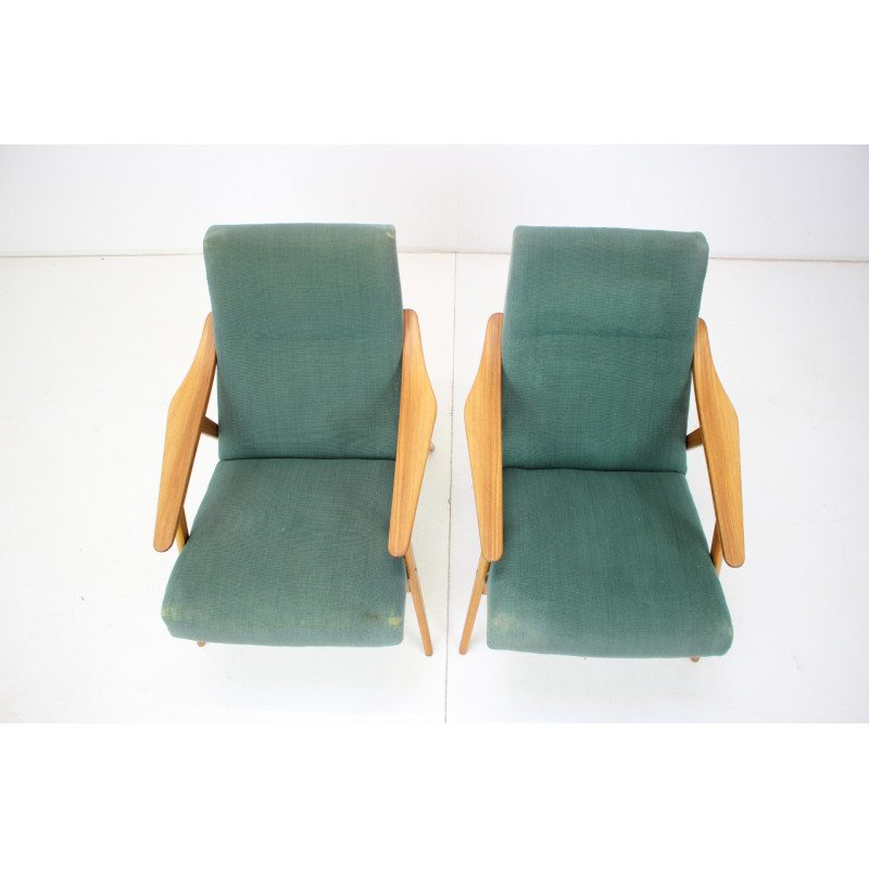 Pair of mid-century wood and fabric armchairs, Czechoslovakia 1960s