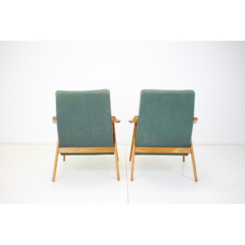 Pair of mid-century wood and fabric armchairs, Czechoslovakia 1960s