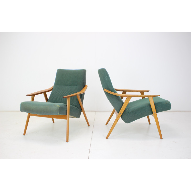 Pareja de sillones vintage de madera y tela, Checoslovaquia 1960