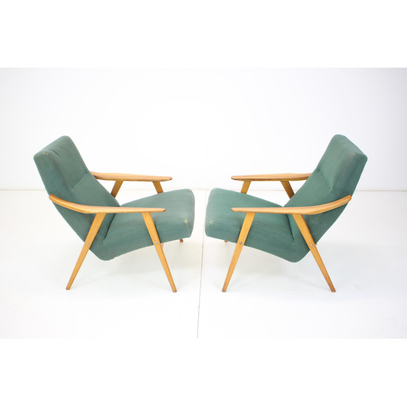 Pair of mid-century wood and fabric armchairs, Czechoslovakia 1960s