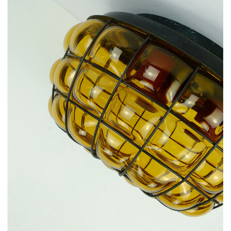 Vintage plafondlamp in amberkleurig glas en metaal, 1970