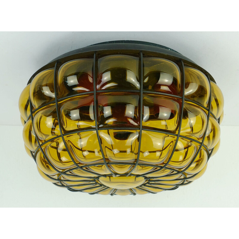 Vintage plafondlamp in amberkleurig glas en metaal, 1970