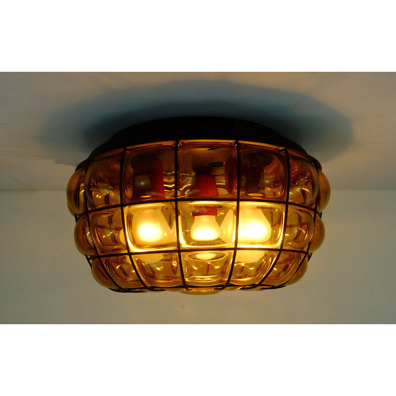 Lampada da soffitto vintage in vetro ambrato e metallo, anni '70